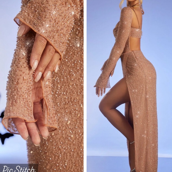 Oh Polly Champel Embellished Cowl Neck Long Sleeve Maxi Dress in Nude - Picture 3 of 11